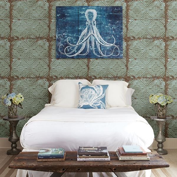 Tin Ceiling Teal Distressed Tiles - Distressed Wallpaper