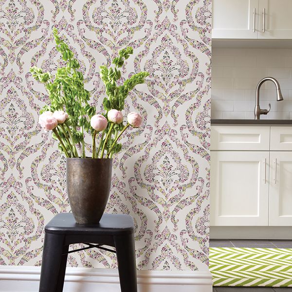 Featherton Pink Floral Damask Wallpaper - Damask Wallpaper