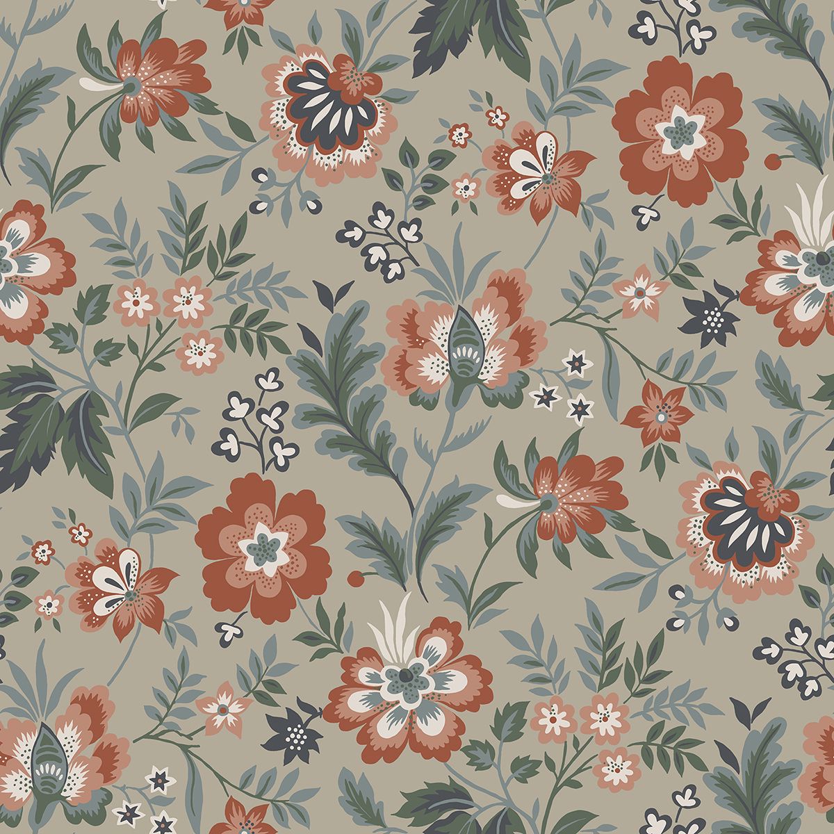 Athena Beige Floral Wallpaper - Jacobean Wallpaper