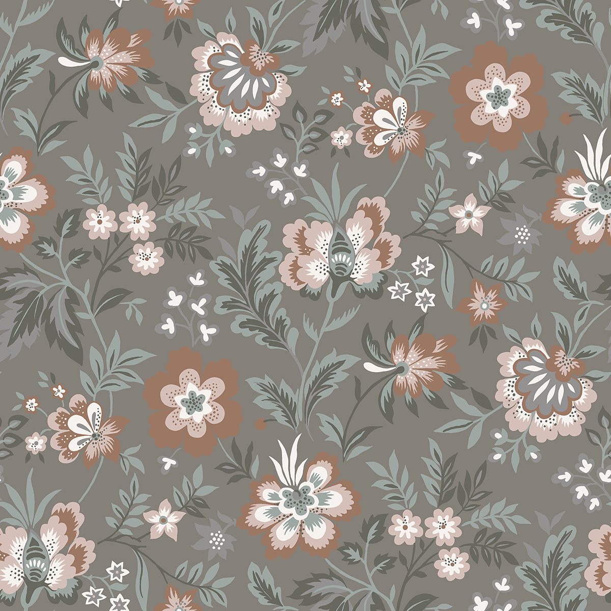 Athena Grey Floral Wallpaper - Jacobean Wallpaper