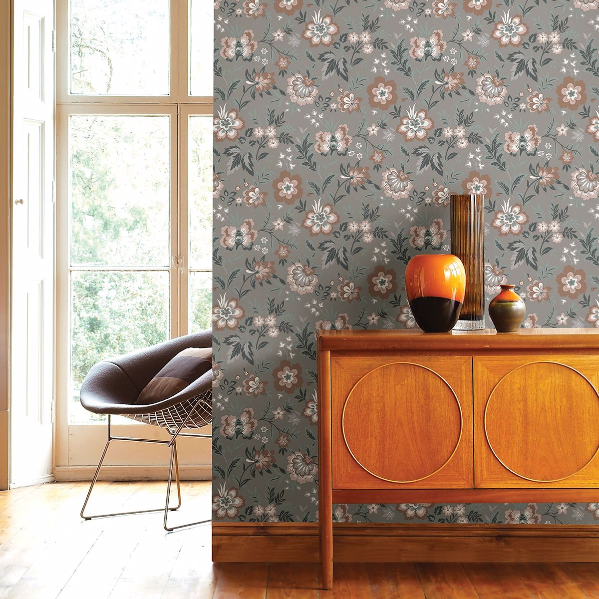 Athena Grey Floral Wallpaper - Jacobean Wallpaper