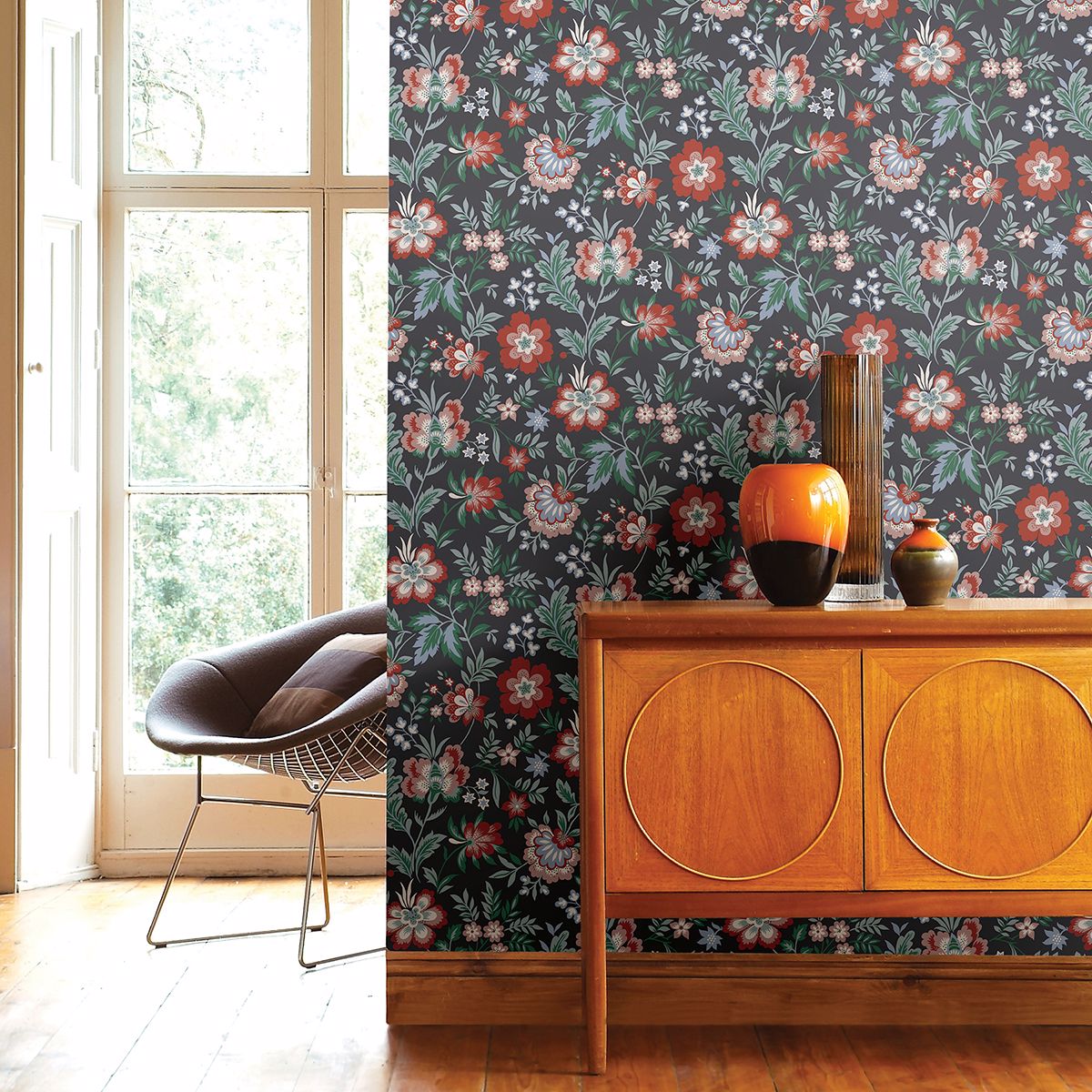 Athena Multicolor Floral Wallpaper - Jacobean Wallpaper