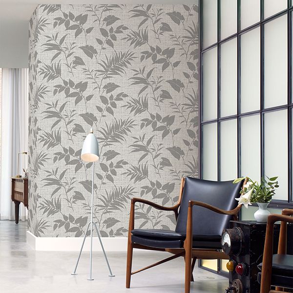 Chandler Light Grey Botanical Faux Grasscloth Wallpaper - Grasscloth Wallpaper