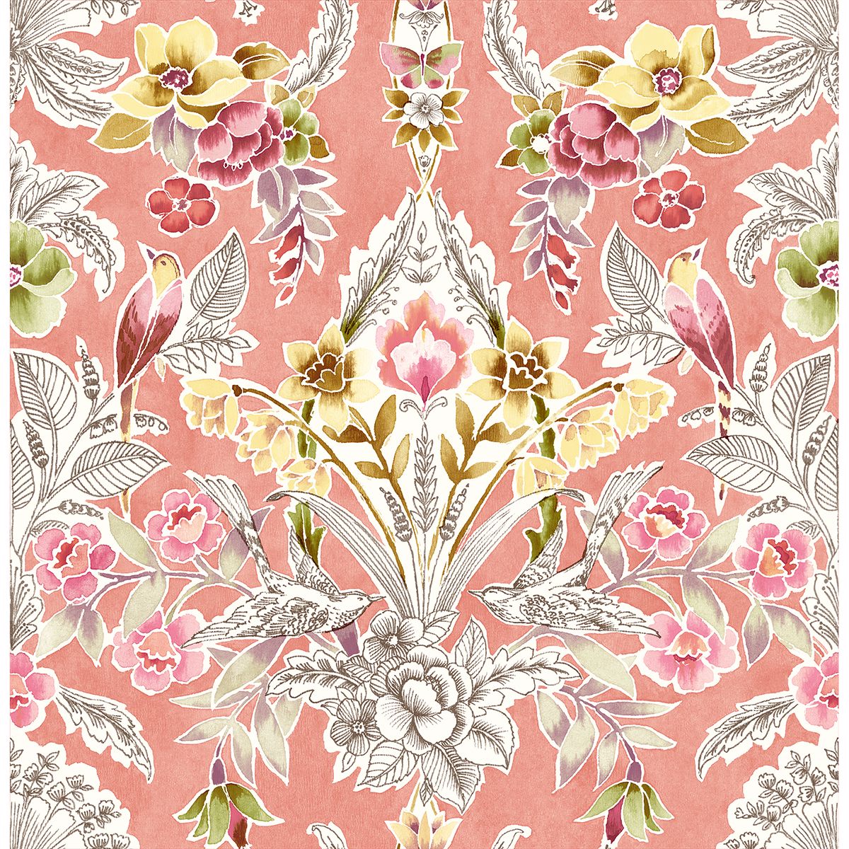 Vera Pink Floral Damask Wallpaper - Damask Wallpaper
