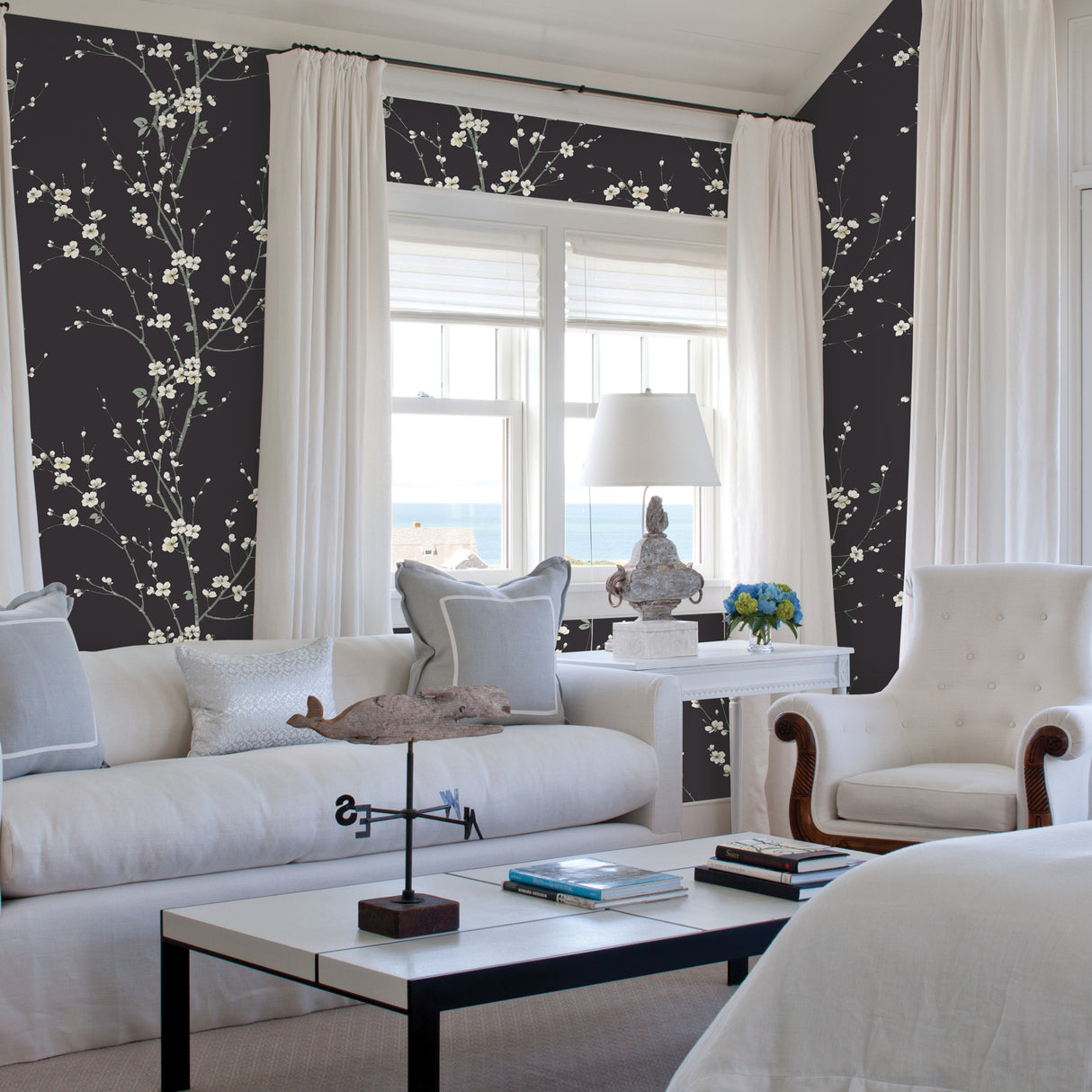 Monterey Black Floral Branch Wallpaper - Toile Wallpaper