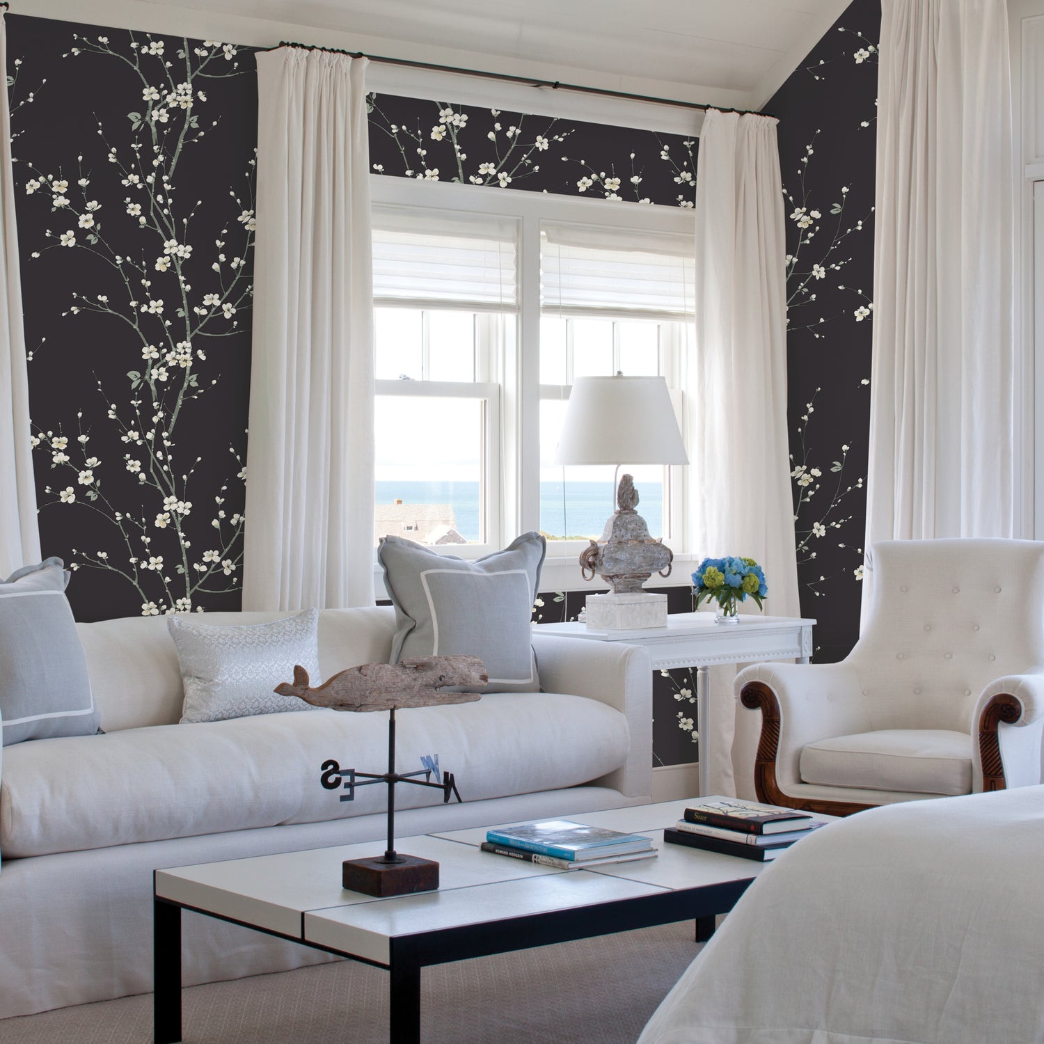 Monterey Black Floral Branch Wallpaper - Toile Wallpaper
