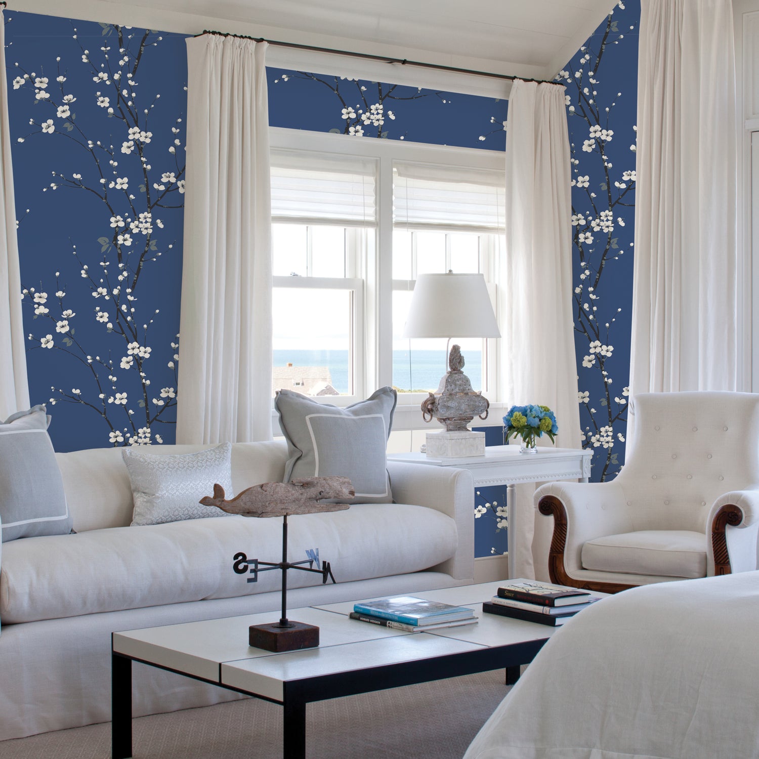 Monterey Cobalt Floral Branch Wallpaper - Toile Wallpaper