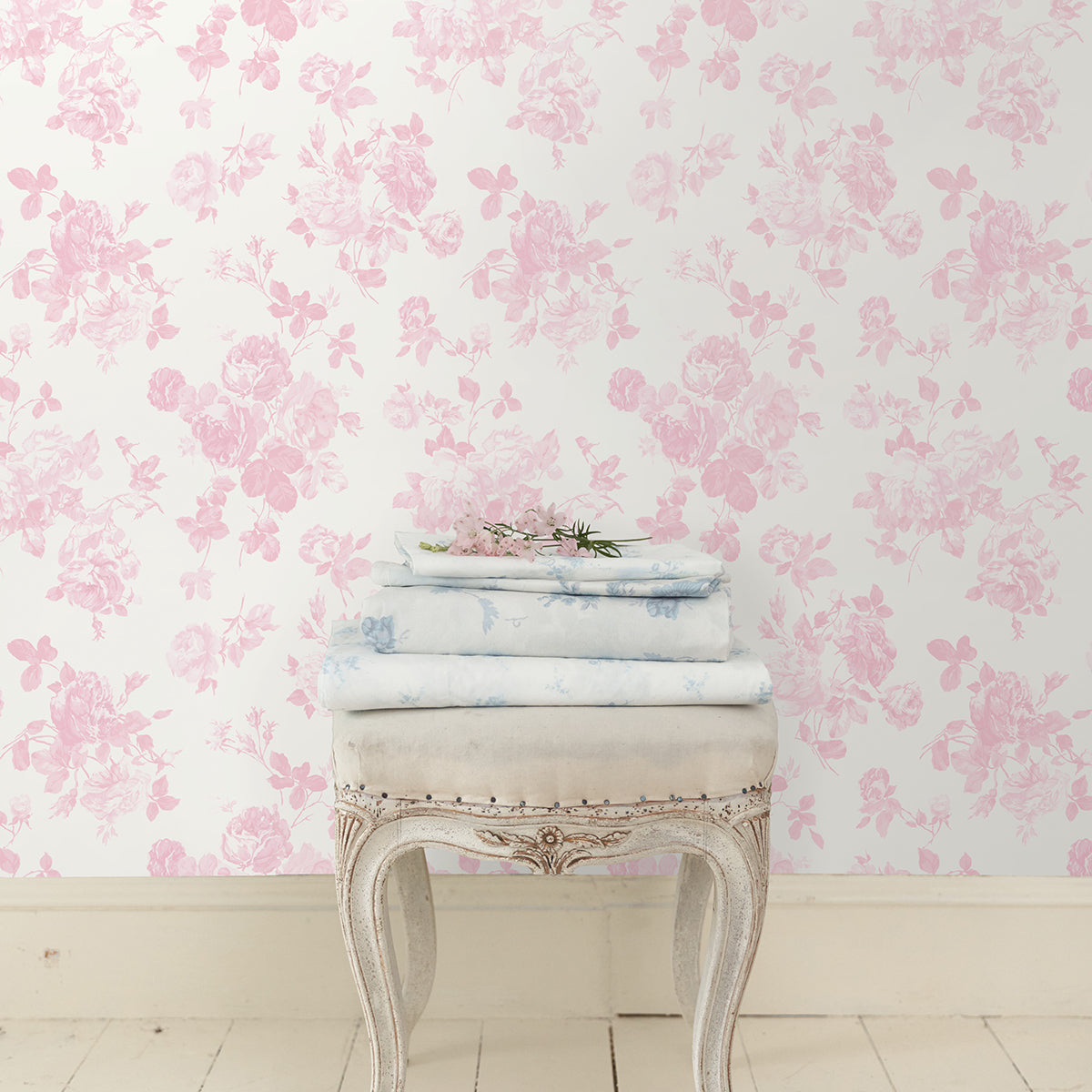 Everblooming Rosettes Pink Cabbage Rose Bouquets Wallpaper - Toile Wallpaper