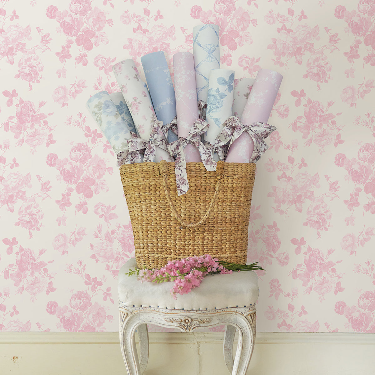 Everblooming Rosettes Pink Cabbage Rose Bouquets Wallpaper - Toile Wallpaper