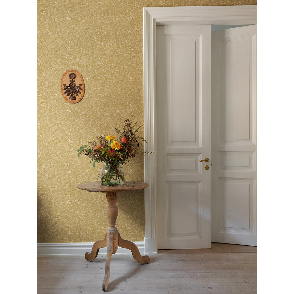 Wilma Yellow Floral Block Print Wallpaper - Scroll Wallpaper