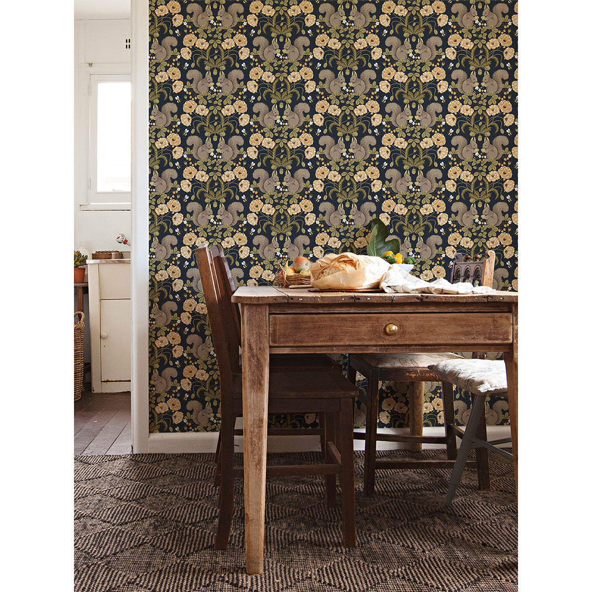 Kurre Dark Blue Woodland Damask Wallpaper - Damask Wallpaper