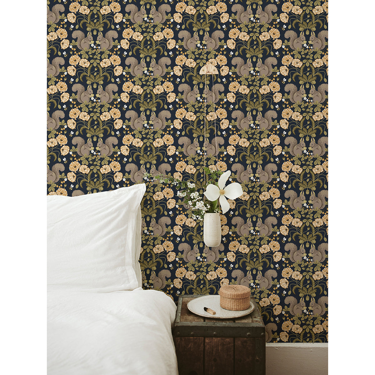 Kurre Dark Blue Woodland Damask Wallpaper - Damask Wallpaper