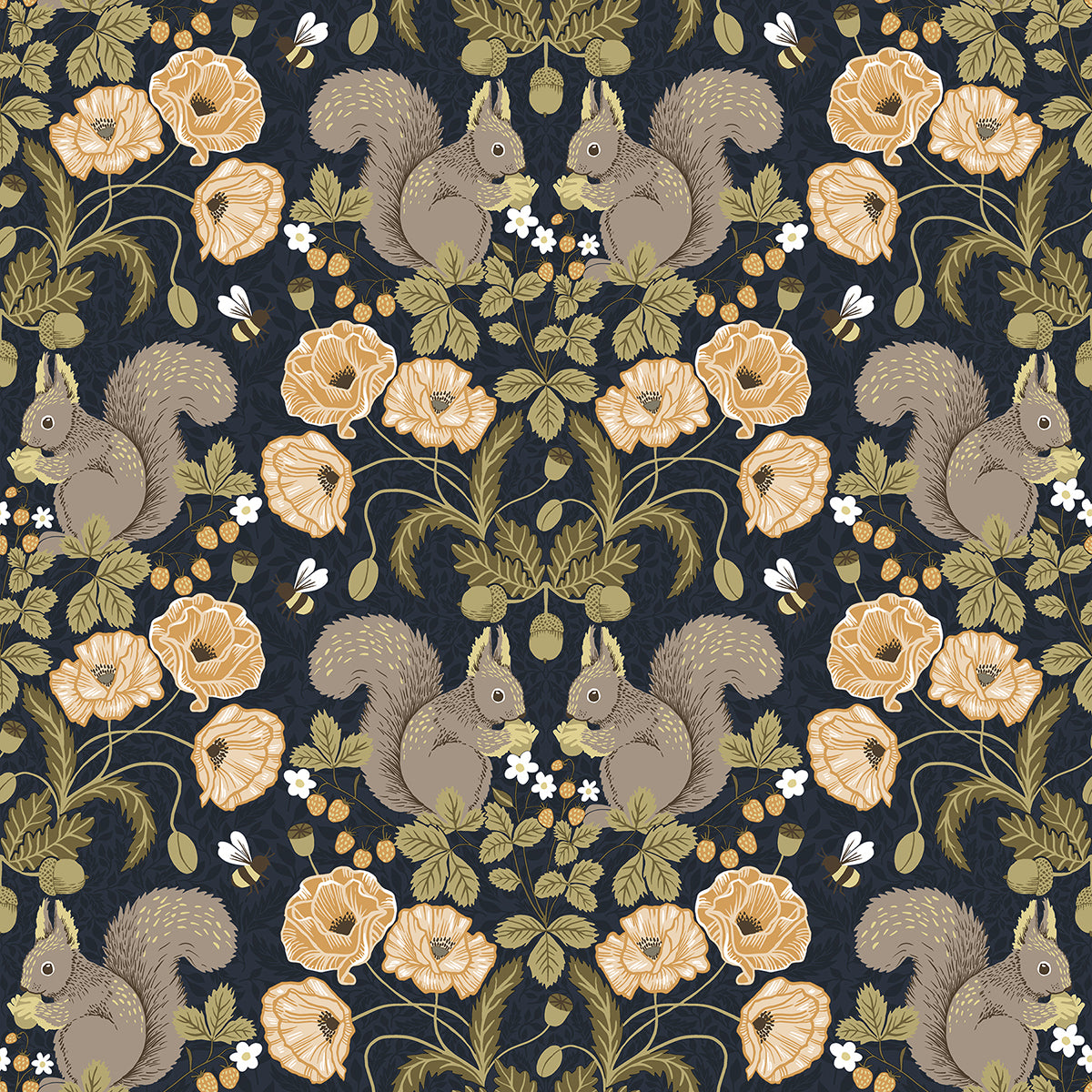 Kurre Dark Blue Woodland Damask Wallpaper - Damask Wallpaper