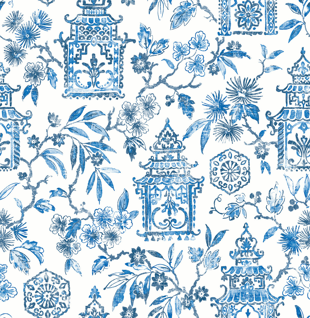 Helaine Blue Pagoda Wallpaper - Toile Wallpaper