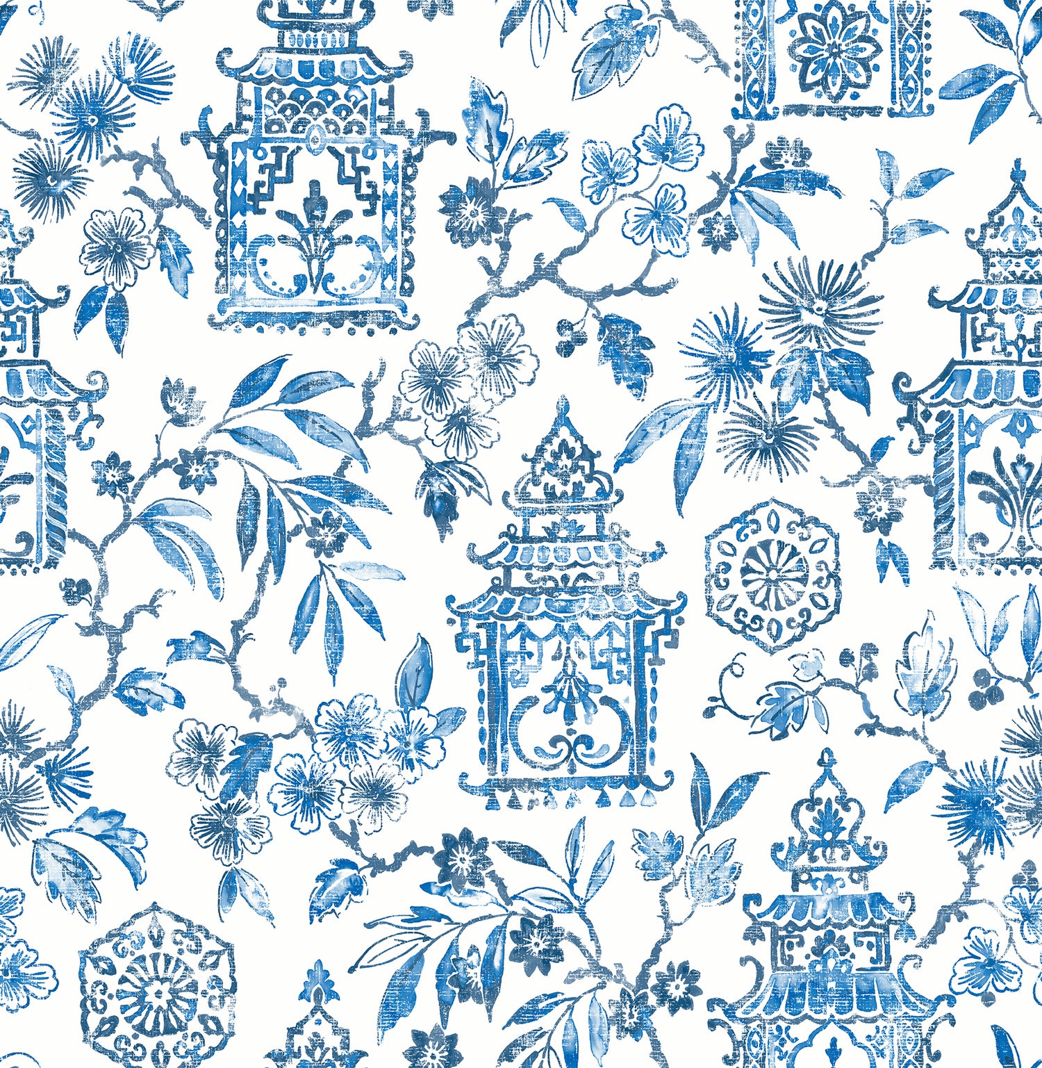 Helaine Blue Pagoda Wallpaper - Toile Wallpaper