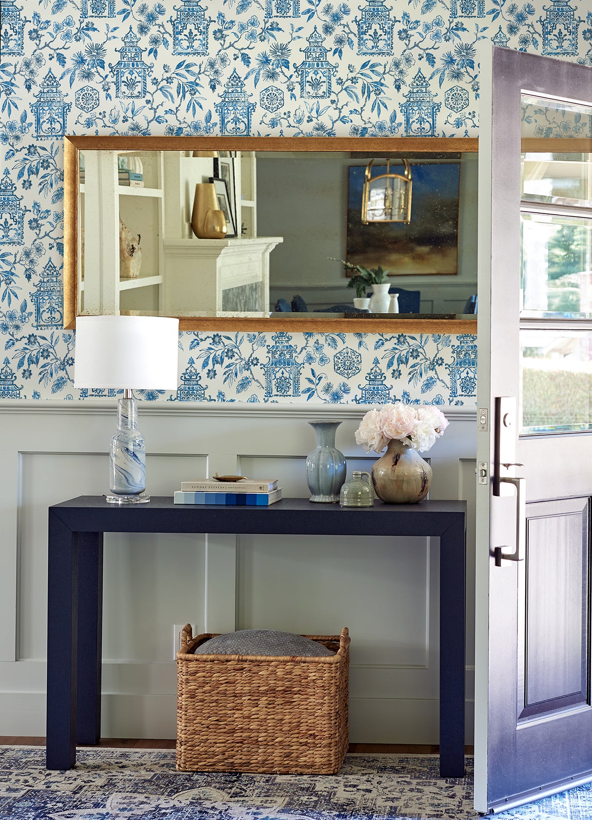 Helaine Blue Pagoda Wallpaper - Toile Wallpaper