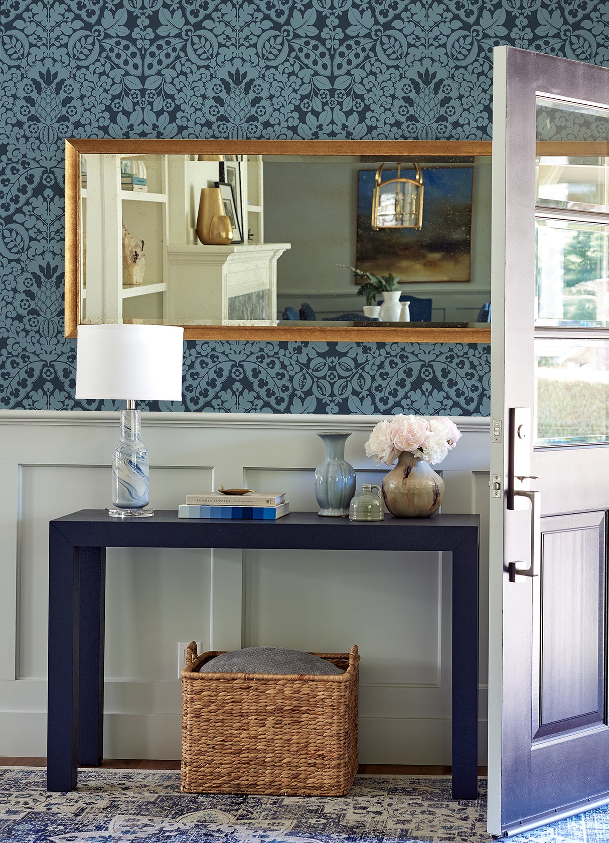 Marni Navy Fruit Damask Wallpaper - Damask Wallpaper