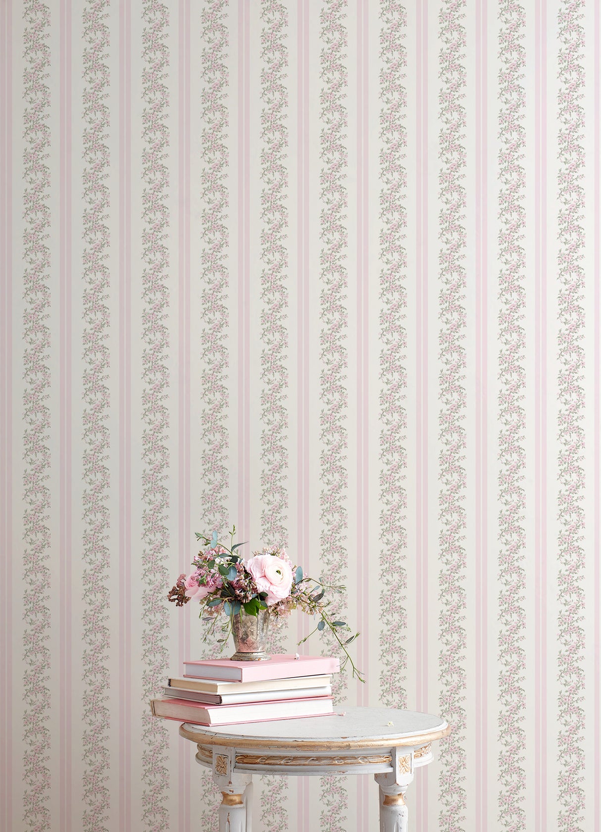 Marigold Wreath Pastel Peach Floral Stripe Wallpaper - Stripes Wallpaper