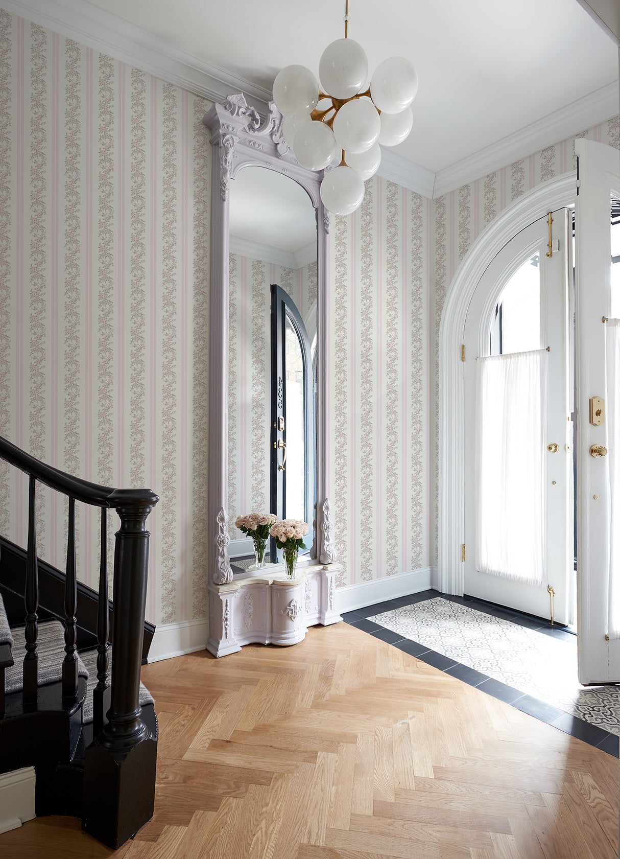 Marigold Wreath Pastel Peach Floral Stripe Wallpaper - Stripes Wallpaper