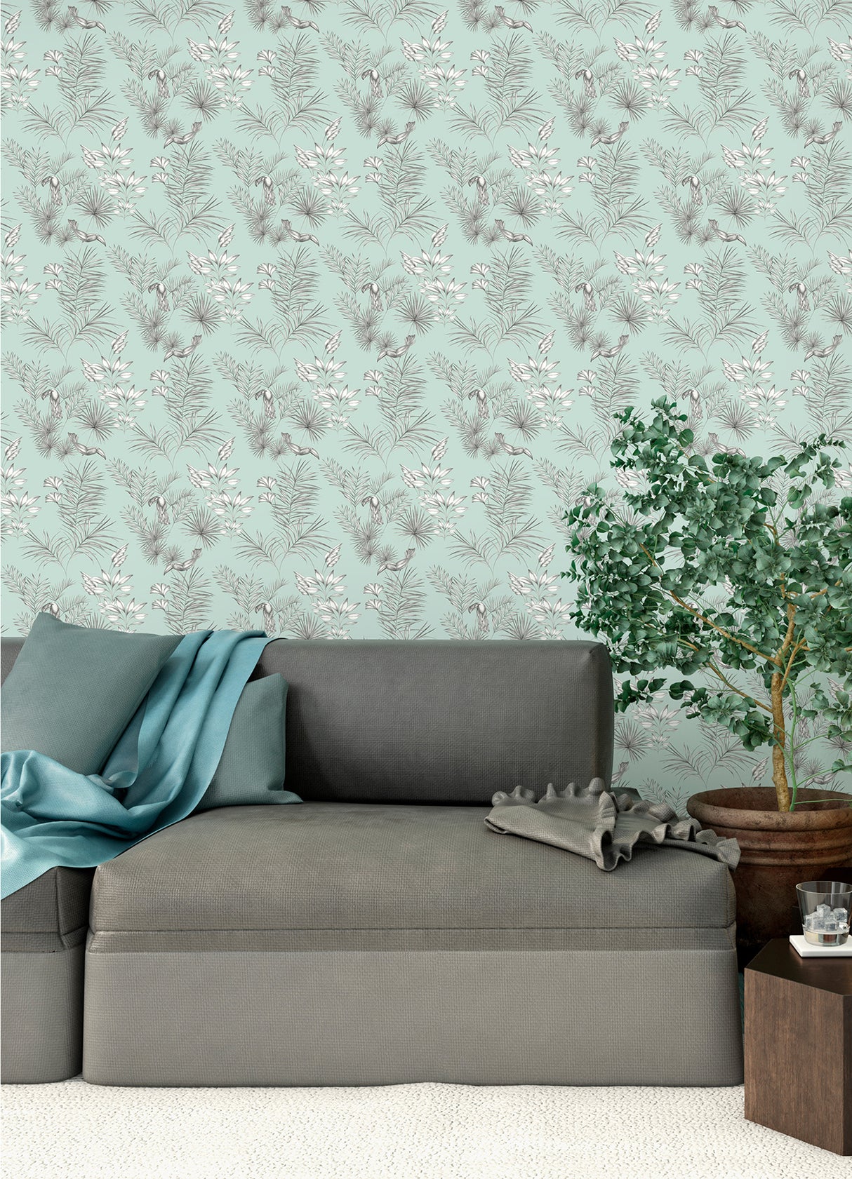 Shelly Mint Toucan Toile Wallpaper - Toile Wallpaper