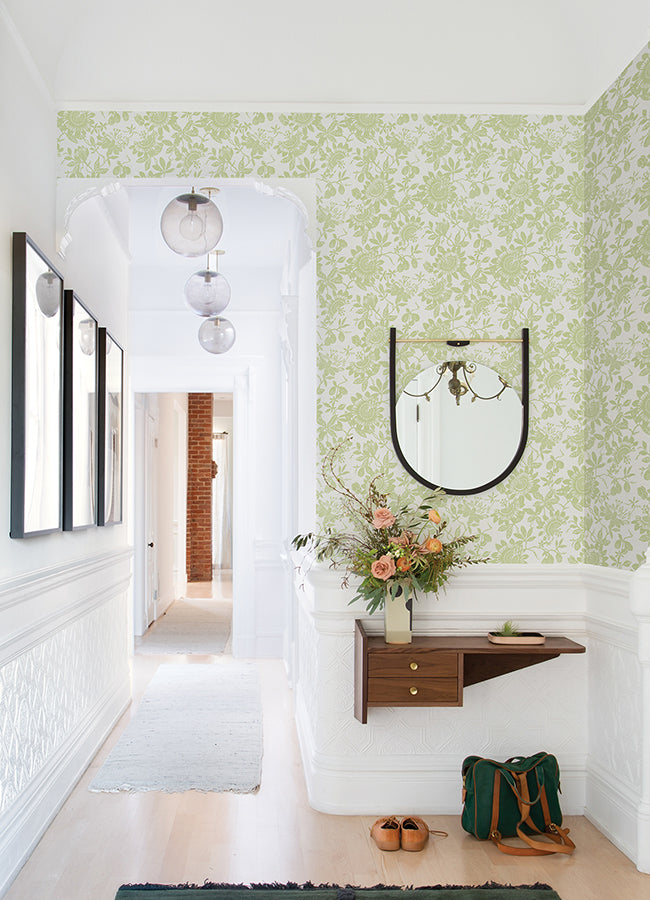 Helen Light Green Floral Trail Wallpaper - Jacobean Wallpaper