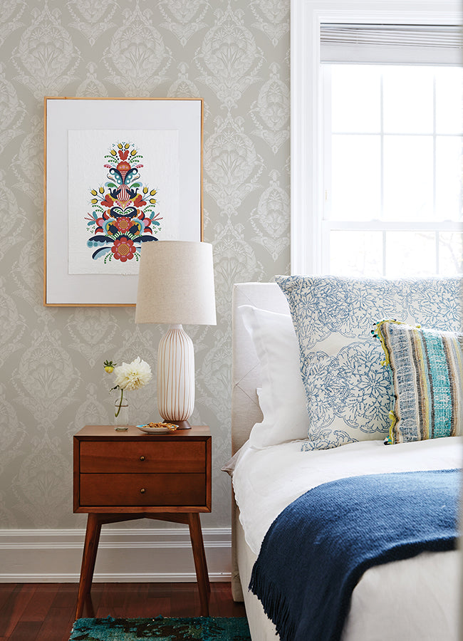 Arlie Light Grey Botanical Damask Wallpaper - Damask Wallpaper