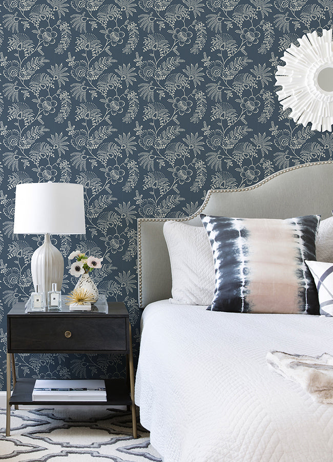 Maeve Dark Blue Jacobean Trail Wallpaper - Jacobean Wallpaper