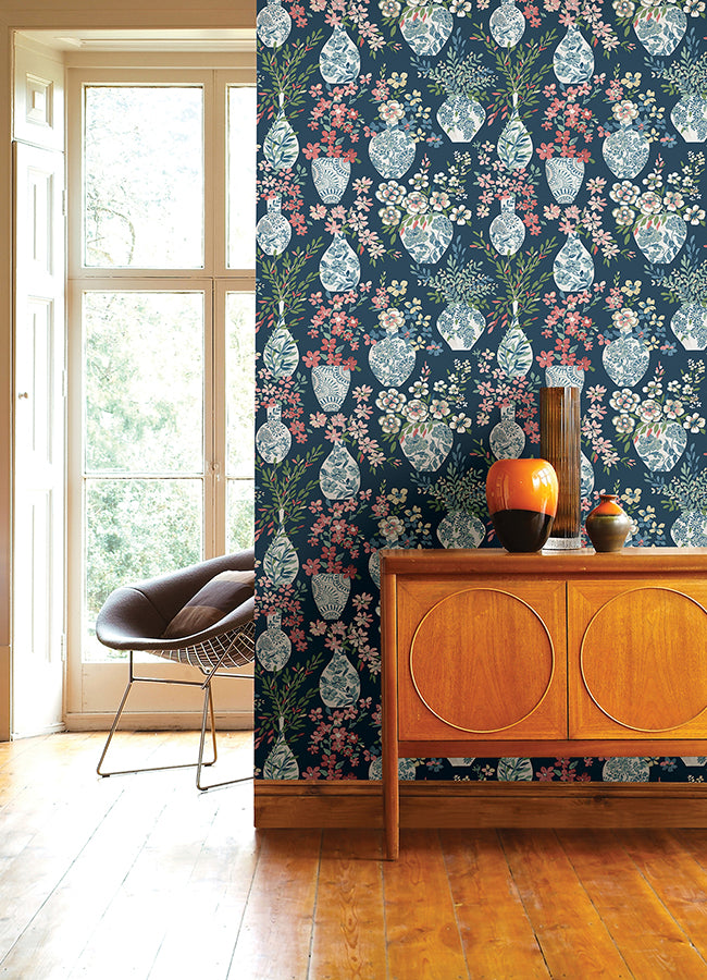 Harper Teal Floral Vase Wallpaper - Floral Wallpaper