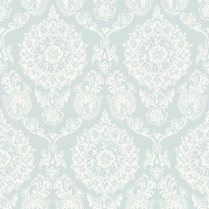 Helm Damask Aqua Floral Medallion Wallpaper - Scroll Wallpaper