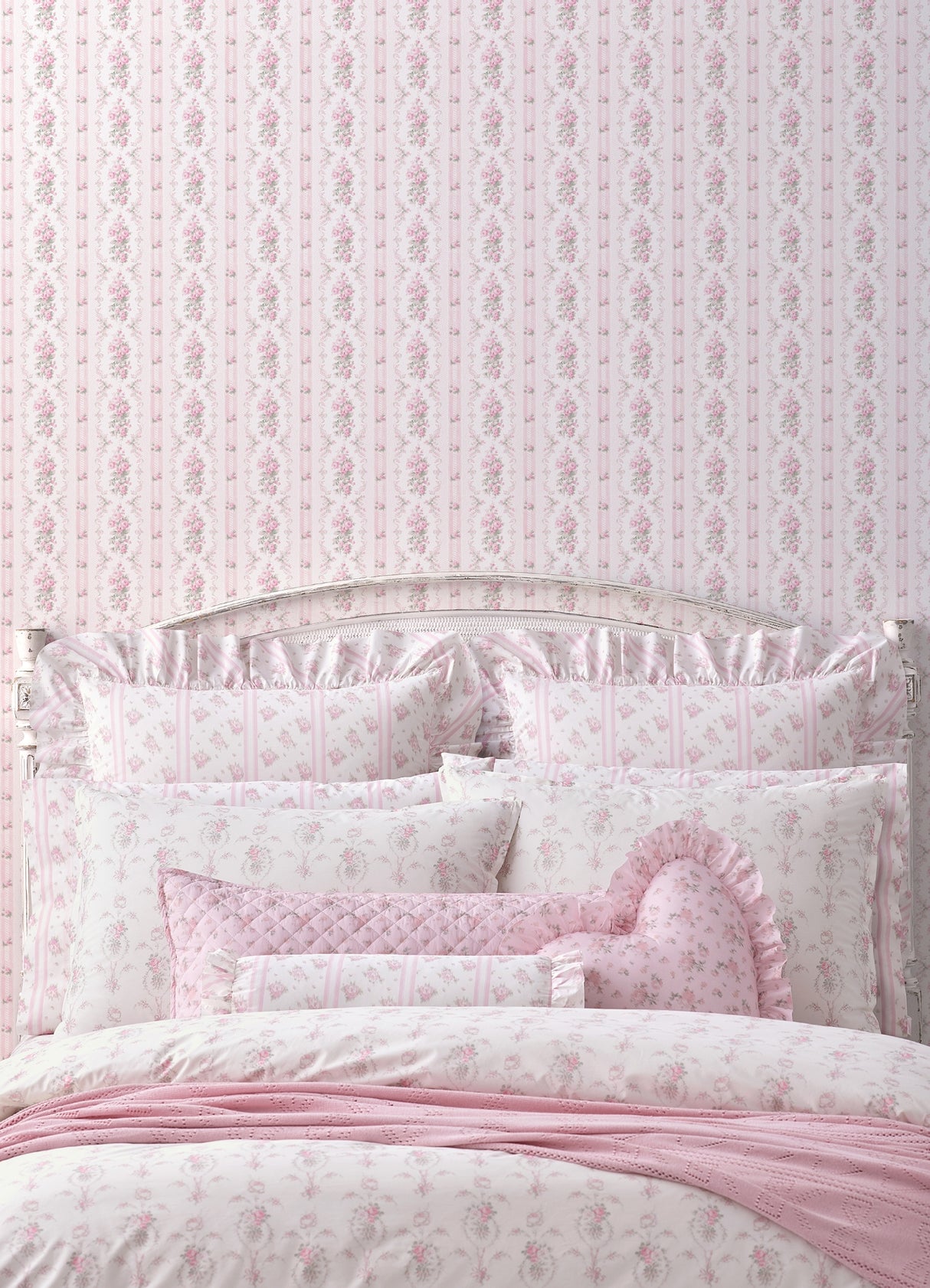 Dreamy Days Pink Parfait Stripe & Floral Wallpaper - Floral Wallpaper