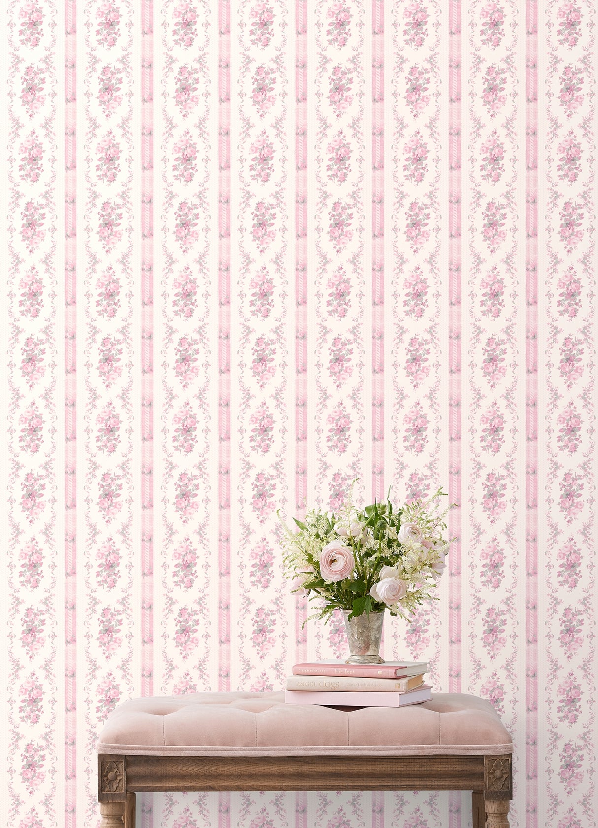 Dreamy Days Pink Parfait Stripe & Floral Wallpaper - Floral Wallpaper