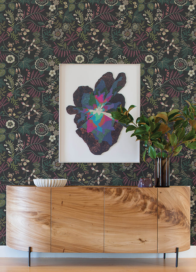 Marilyn Black Floral Trail Wallpaper by Scott Living - Floral Wallpaper