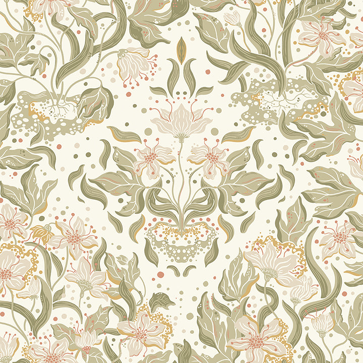 Lisa Olive Floral Damask Wallpaper - Damask Wallpaper