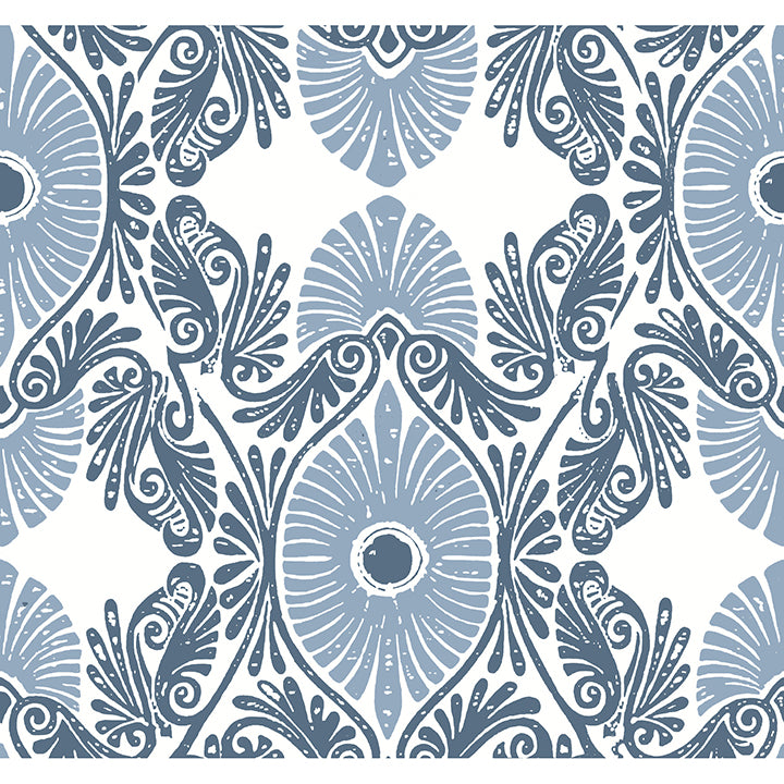 Villa Blue Embellished Ogee Wallpaper - Scroll Wallpaper