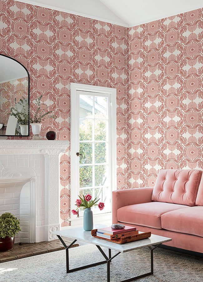 Villa Raspberry Embellished Ogee Wallpaper - Scroll Wallpaper