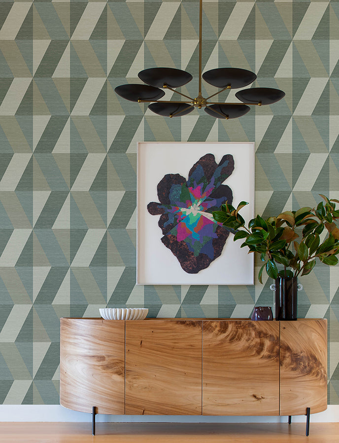 Winslow Green Geometric Faux Grasscloth Wallpaper - Geometric Wallpaper