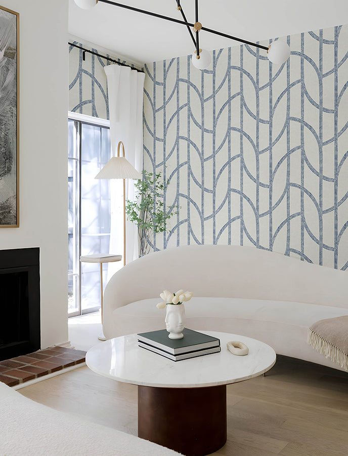 Harlow Indigo Curved Contours Wallpaper - Stripes Wallpaper