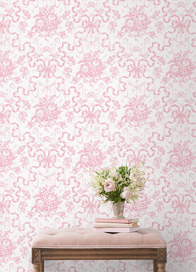 Fairytale Peony Pink Toile Wallpaper - Toile Wallpaper