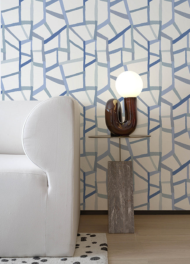 Tate Blue Geometric Linen Wallpaper - Geometric Wallpaper