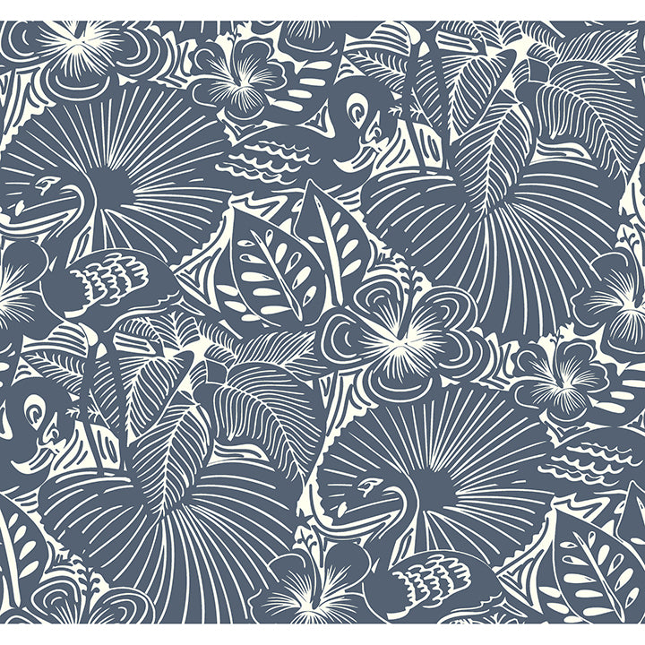 Idalia Navy Floral Flamingo Wallpaper - Floral Wallpaper
