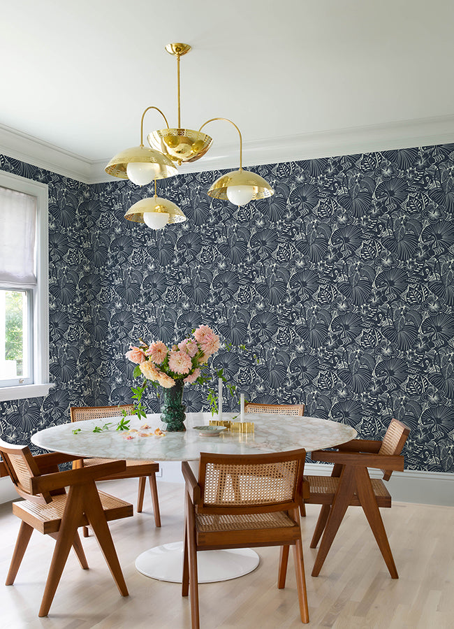 Idalia Navy Floral Flamingo Wallpaper - Floral Wallpaper
