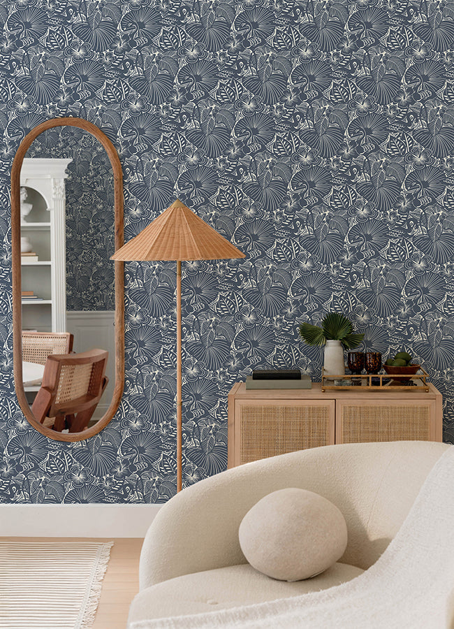 Idalia Navy Floral Flamingo Wallpaper - Floral Wallpaper