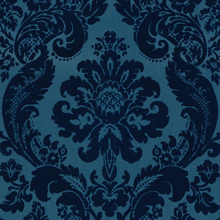Shadow Blue Flocked Damask Wallpaper - Scroll Wallpaper