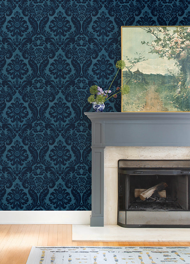 Shadow Blue Flocked Damask Wallpaper - Scroll Wallpaper