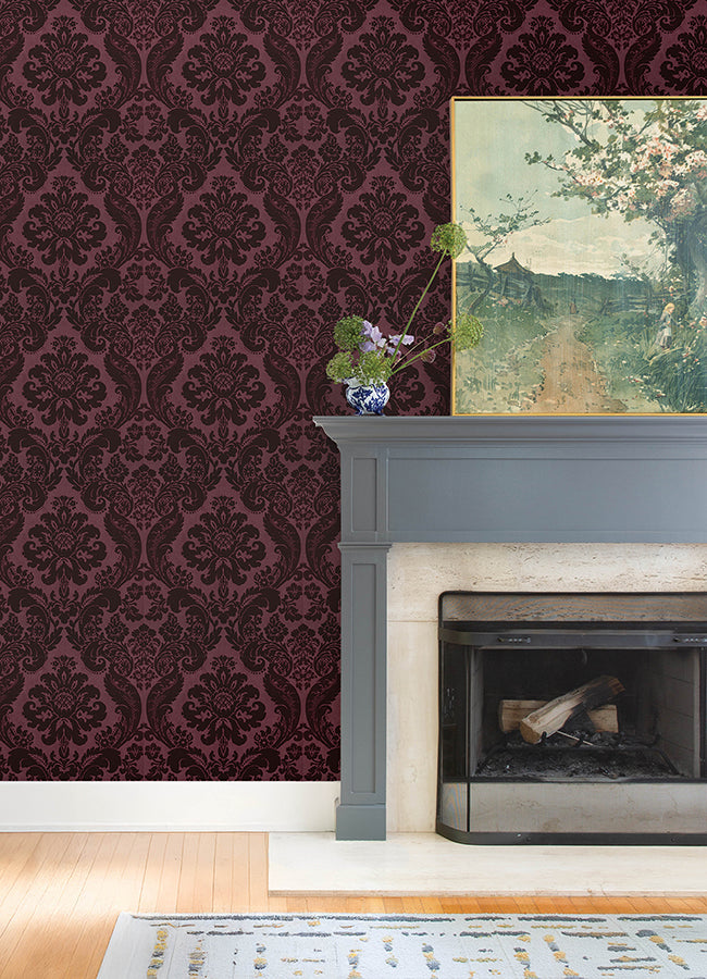 Shadow Merlot Flocked Damask Wallpaper - Damask Wallpaper
