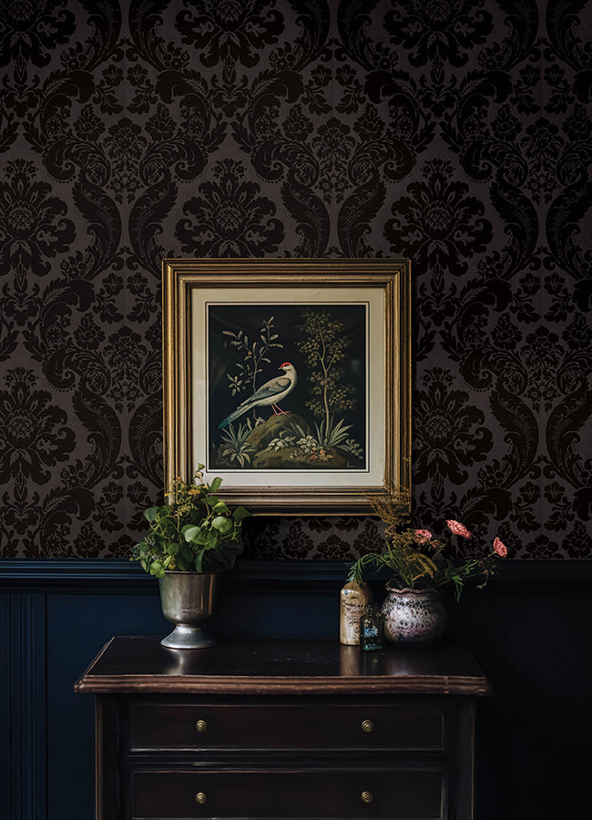 Shadow Black Flocked Damask Wallpaper - Scroll Wallpaper