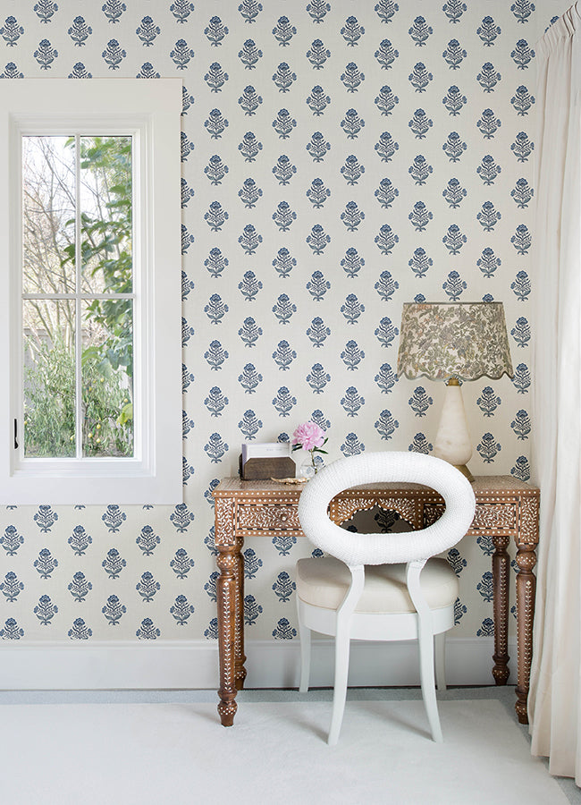 Hollyhock Blue Floral Crest Wallpaper - Floral Wallpaper