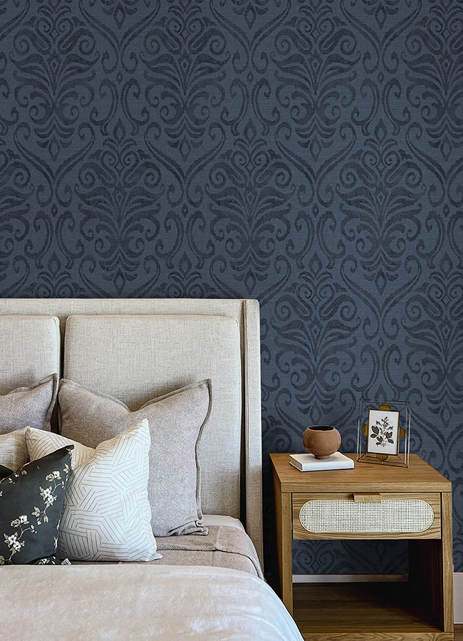 Adavu Blue Damask Wallpaper - Scroll Wallpaper