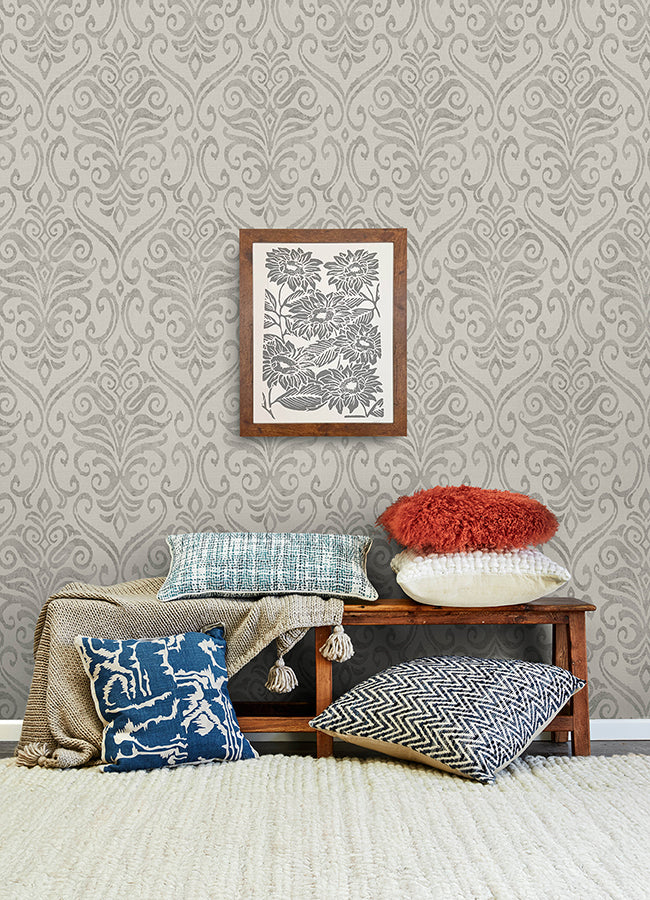 Adavu Grey Damask Wallpaper - Scroll Wallpaper
