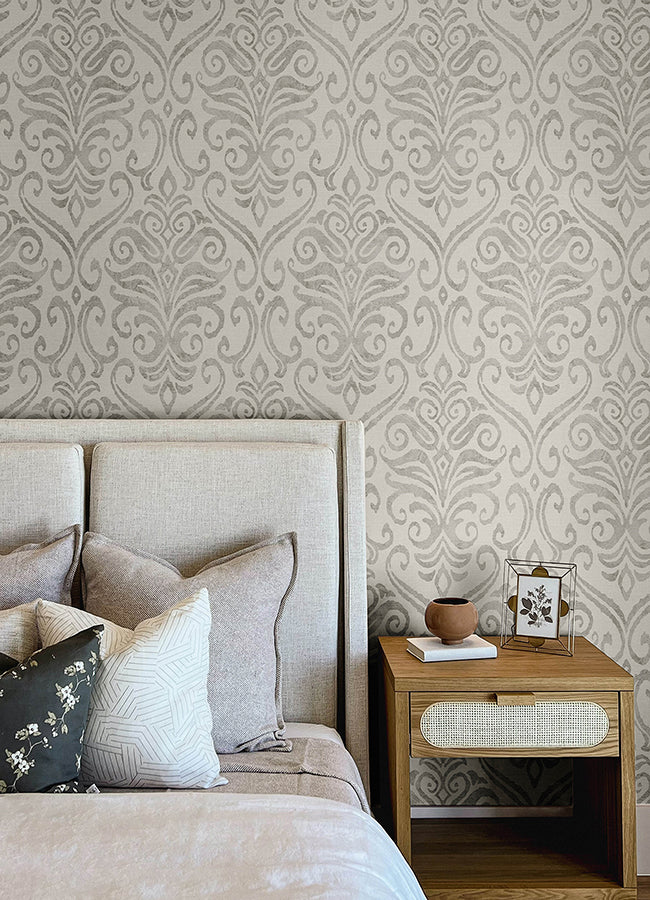 Adavu Grey Damask Wallpaper - Scroll Wallpaper